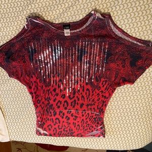 Daytrip cold shoulder red and blue pattern jersey top with sequin detailing